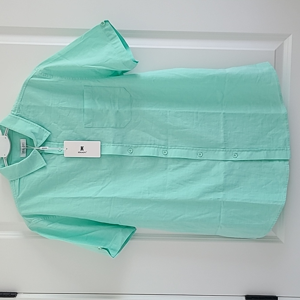 Men's linen shirt, short sleeve shirt, medium, green